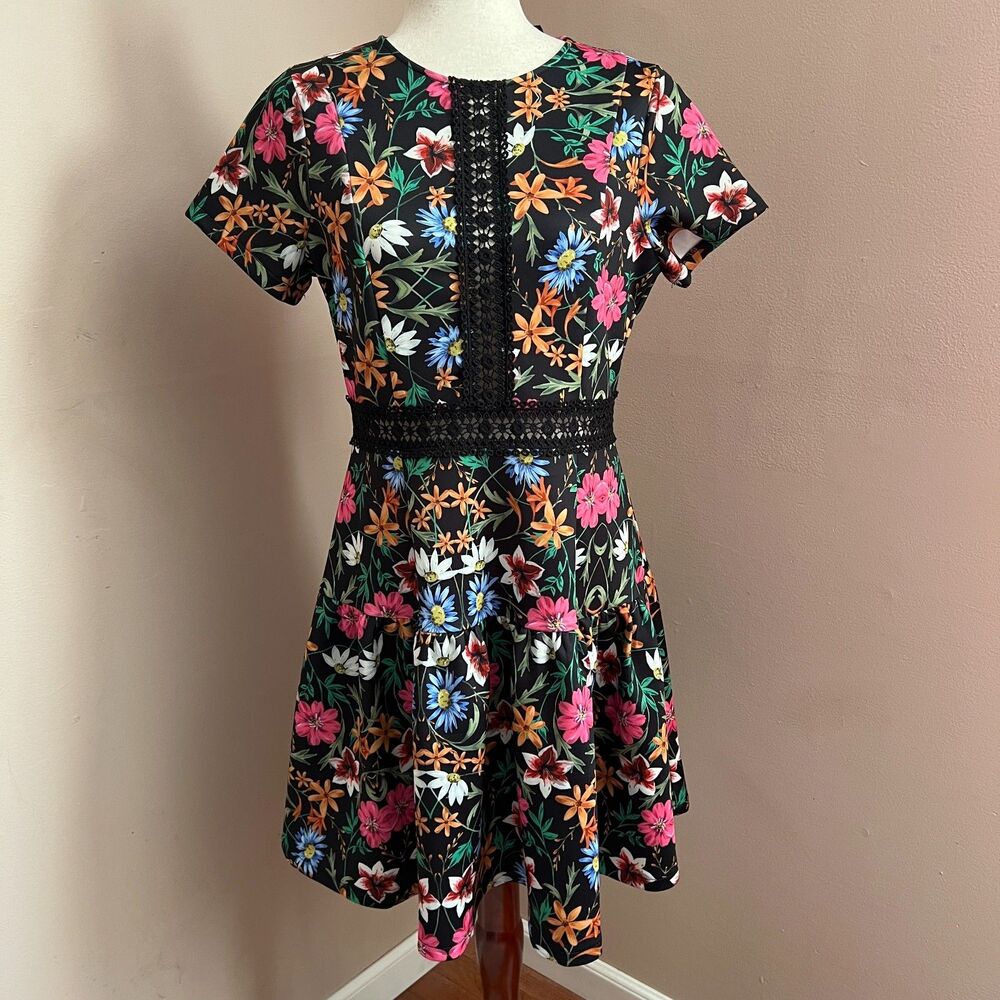 Alexia Admor Black Floral Fit Flare Dress Garden Party Romantic Classic Size 8